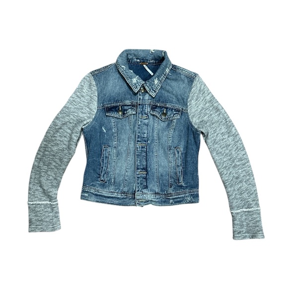 Free People Blue Denim Jacket with Gray Sleeves - Picture 6 of 12